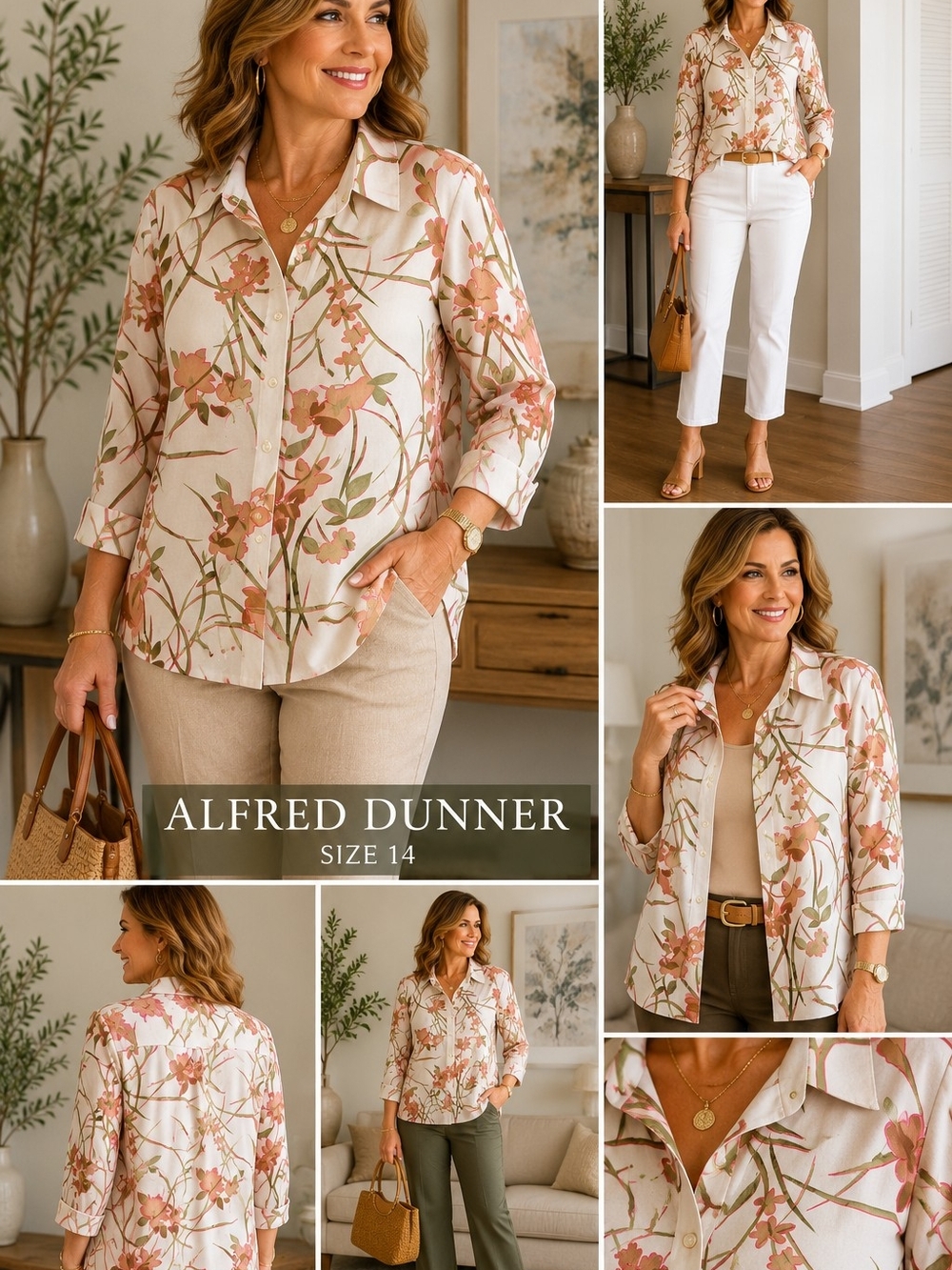 Alfred Dunner Cream Floral Blouse with Pink & Olive Accents
